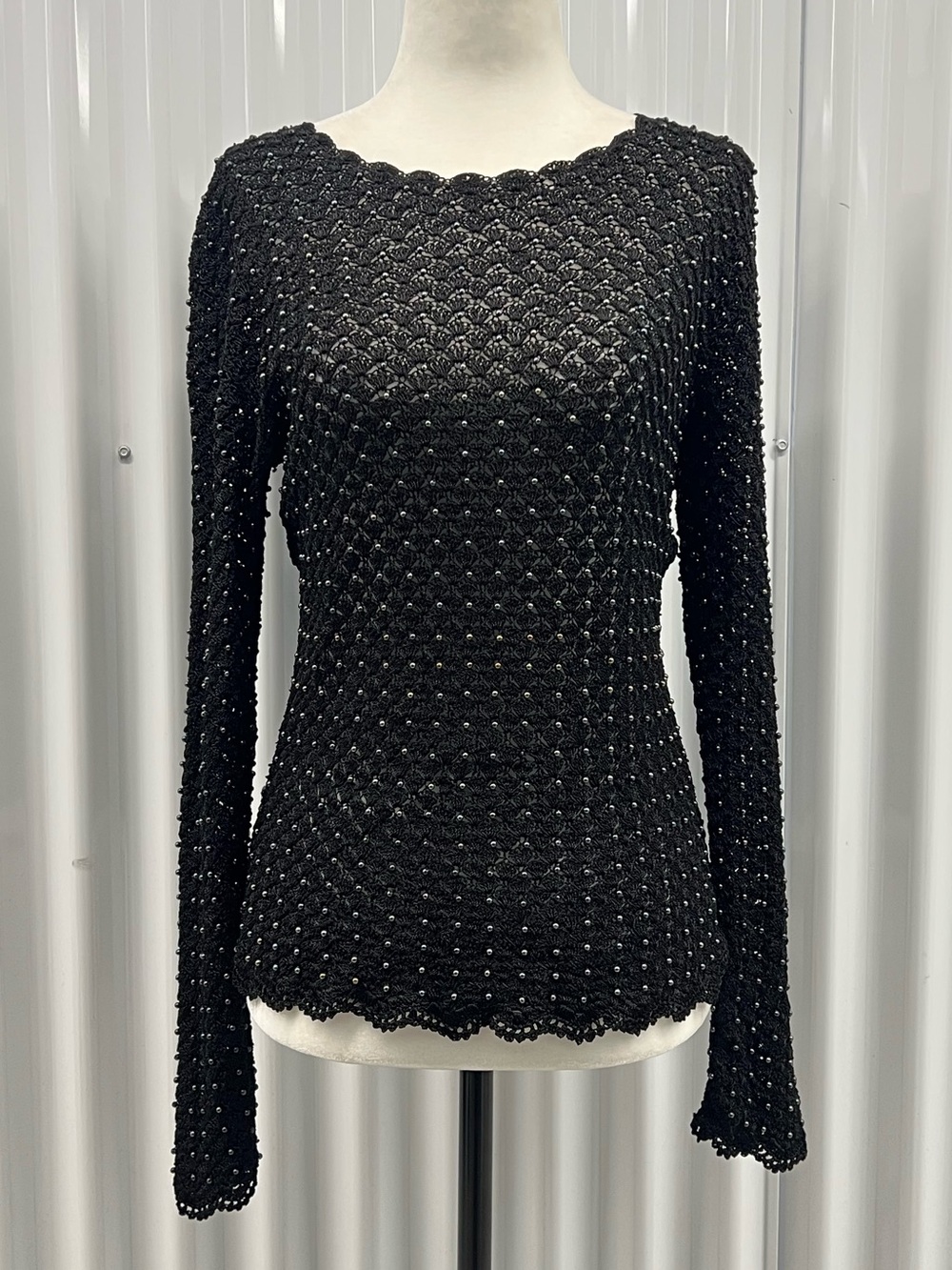Vintage Black Crochet Beaded Long-Sleeve Textured size Medium